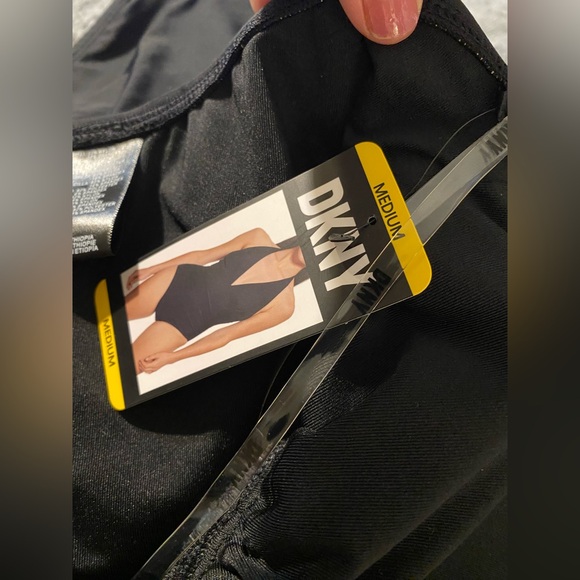 DKNY Solid Black Halter Deep V-Neck One-Piece Bathing Suit Ruched Medium - Picture 8 of 10